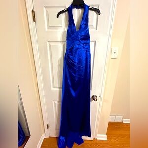 Satin Halter Prom Dresses Long with Slit Pleated Formal Evening Gowns Corset